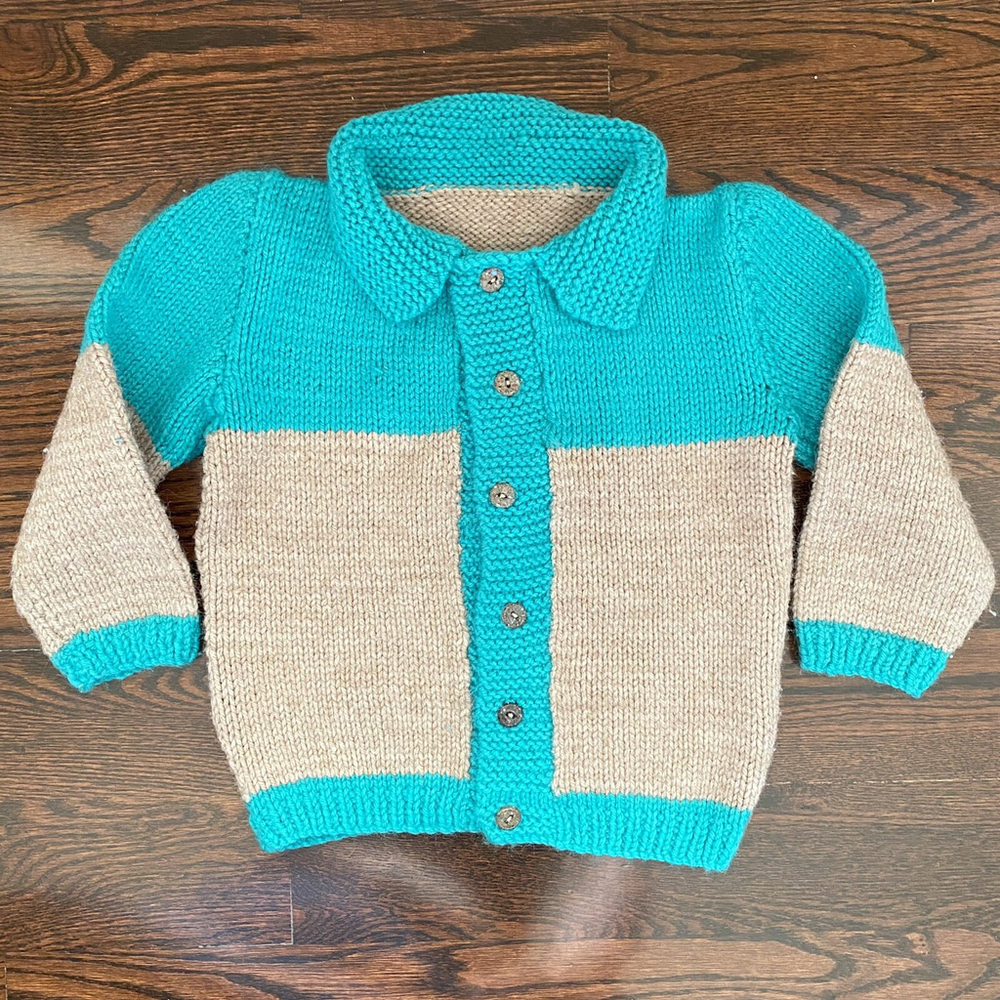Toddler VTG Boy blue Handknit Cardigan Sweater Buttons T2 Aran Craft Style
